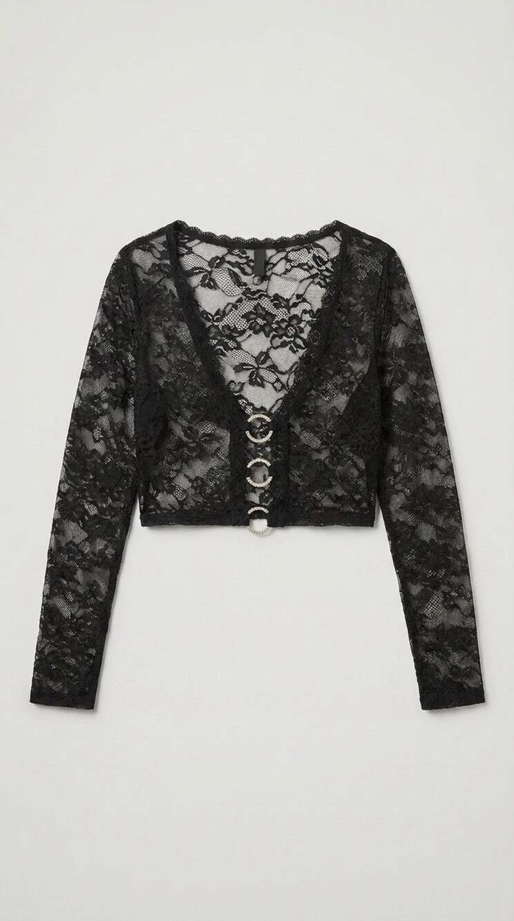 SHEIN Black Floral Lace Crop Cardigan with Rhinestone Rings Size XXS